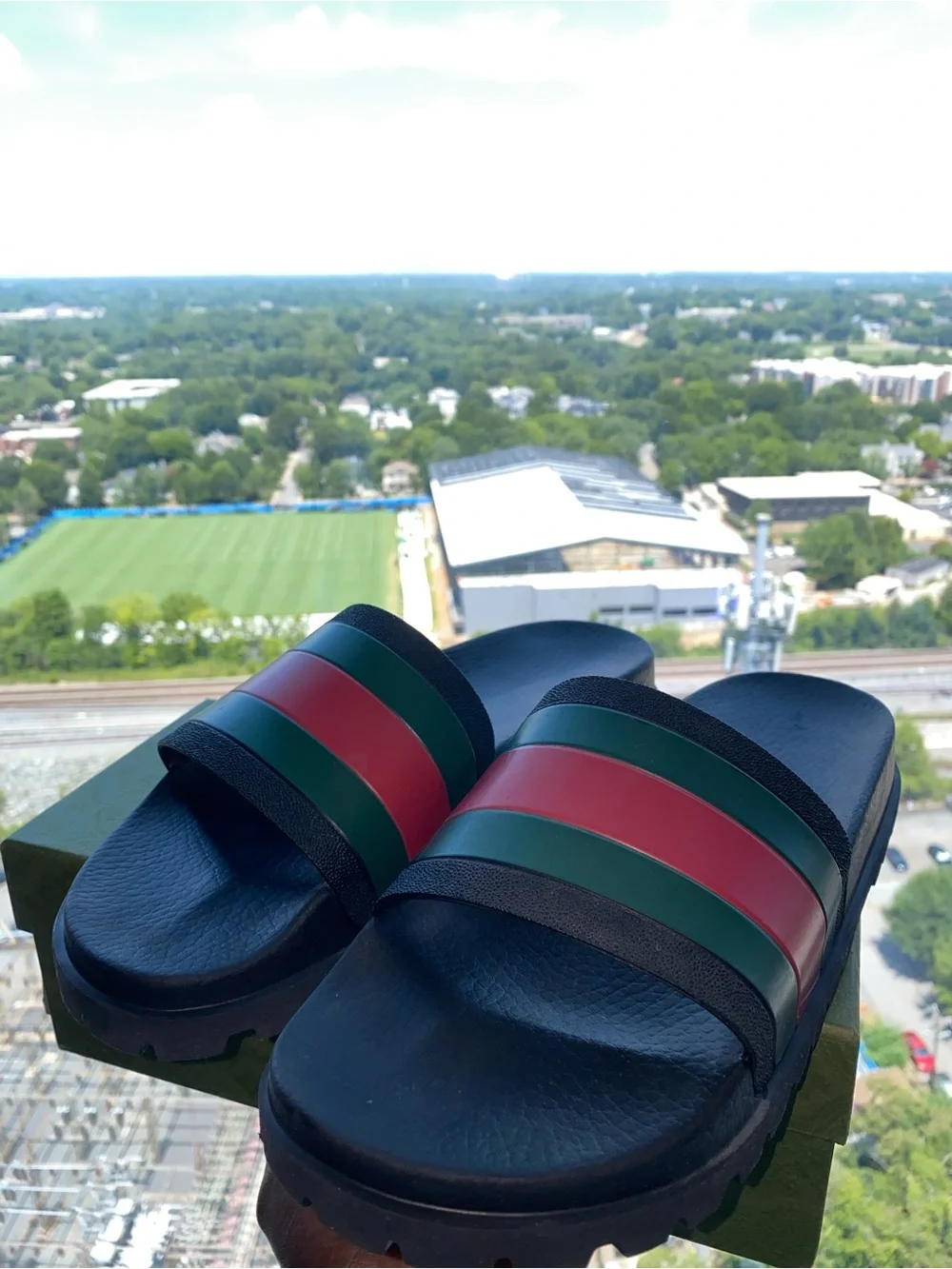 Black Slide Sandals with Green and Red Stripes